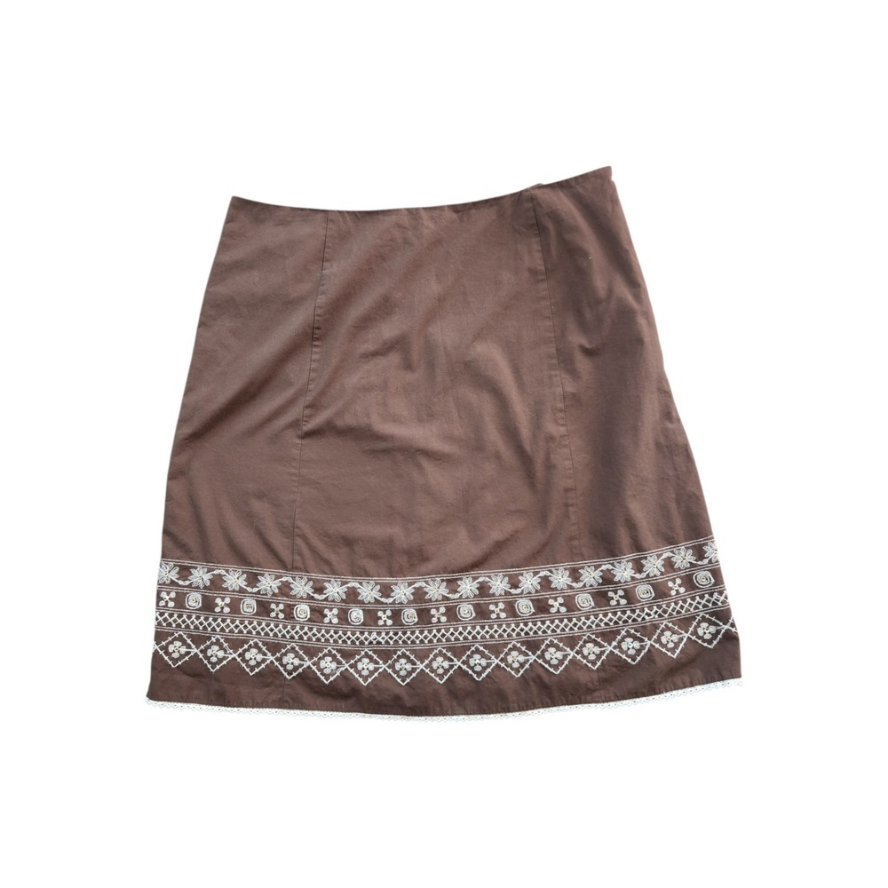 Villager VTG A-Line Skirt Women 14 Brown Excellent Embroidered Lace Trim Boho